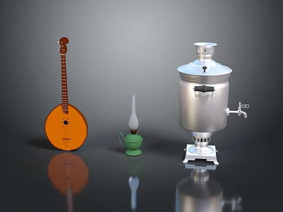 Orange String Instrument Green Oil Lamp And Silver Samovar On Reflective Black Surface 3d model