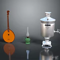 Orange String Instrument Green Oil Lamp And Silver Samovar On Reflective Black Surface