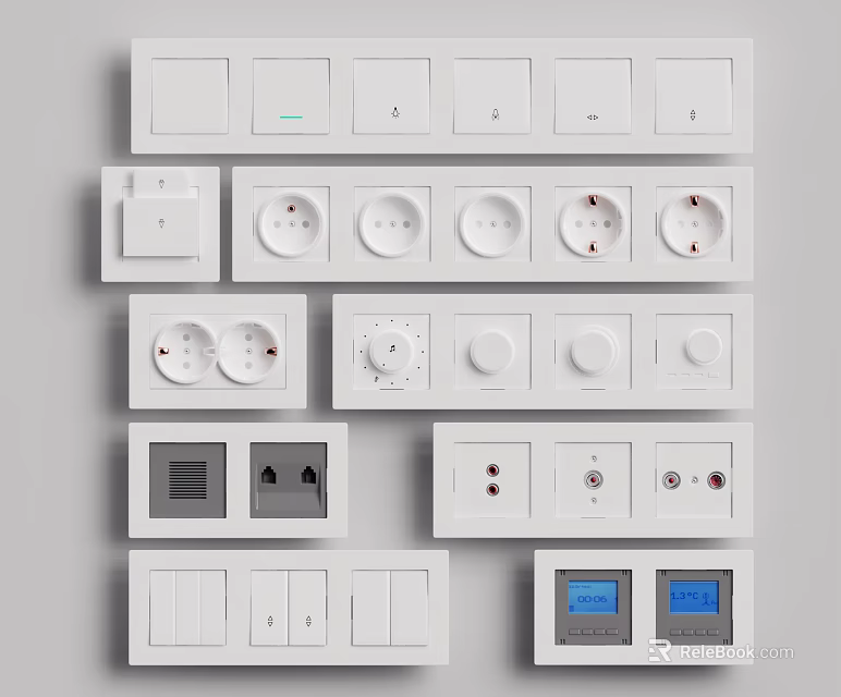 Various White Electrical Switch Panels With Switches Sockets Knobs And Digital Displays 3d model 