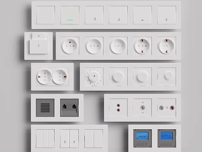 Various White Electrical Switch Panels With Switches Sockets Knobs And Digital Displays 3d model