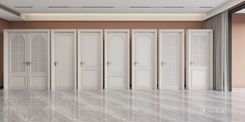 White Hinged Doors With Various Designs In Modern Interior On Marble Floor 3d model 