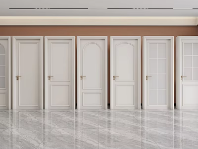 White Hinged Doors With Various Designs In Modern Interior On Marble Floor 3d model
