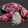 Pink Floral Bath Robe With White Towel On Head Standing Against Gray Background