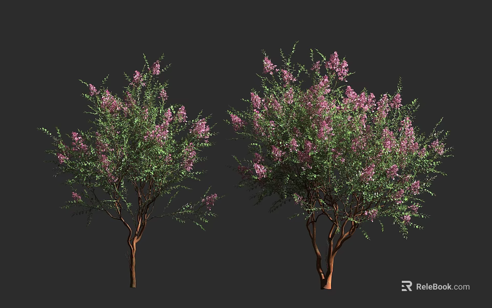 Two Blooming Shrubs With Pink Flowers Green Leaves And Brown Branches 3d model 