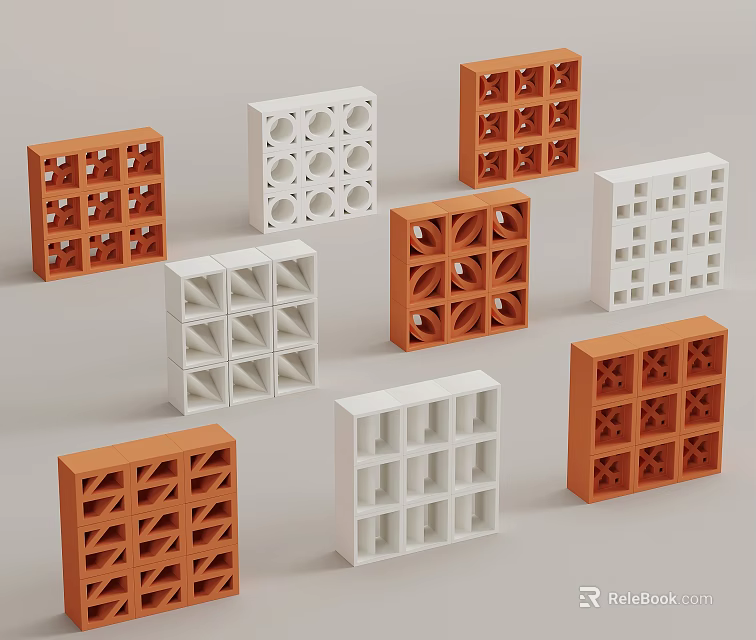 White And Orange Perforated Decorative Blocks With Various Geometric Hollow Patterns 3d model