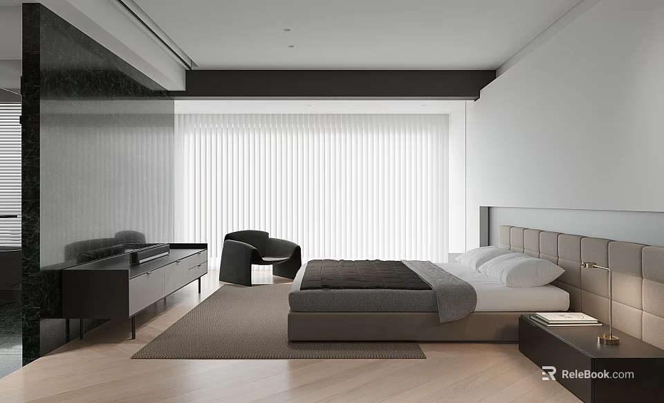 Modern Bedroom Interior With Bed Gray Bedding Nightstand Accent Chair Rug White Curtains And Wooden Floor 3d model 