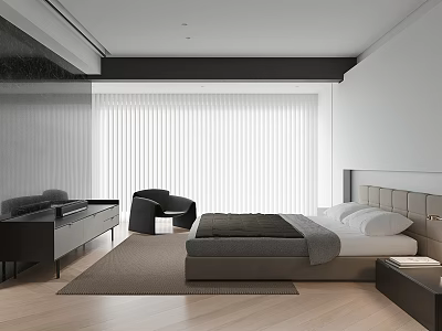 Modern Bedroom Interior With Bed Gray Bedding Nightstand Accent Chair Rug White Curtains And Wooden Floor 3d model