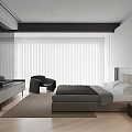 Modern Bedroom Interior With Bed Gray Bedding Nightstand Accent Chair Rug White Curtains And Wooden Floor