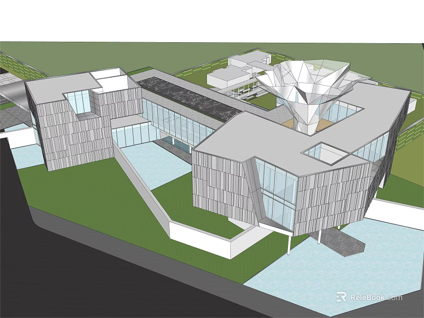 Modern Sales Office Building With Glass Facade Geometric Roof And Lush Greenery 3d model 