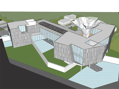 Modern Sales Office Building With Glass Facade Geometric Roof And Lush Greenery 3d model