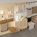 Modern Home Decor Setting With Wooden Stool Storage Cabinets And Hanging Racks