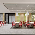 Modern Restaurant Interior With Red Chairs White Tables Wall Slogan And Pendant Lights