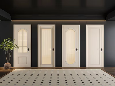 White Hinged Doors with Arch Glass and Solid Panels in Modern Dark Wall Interior 3d model