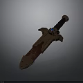 Ornate Sword With Metallic Blade Red Decorative Patterns Black Leather Hilt And Blue Gemstone
