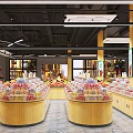 Organized Modern Supermarket Department Store with Fruit Stalls and Product Shelves