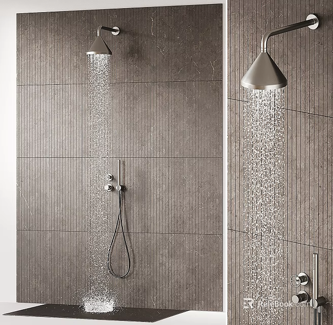 Modern Bathroom Shower Head With Ceiling Mounted Sprayer And Handheld Design In Gray Ceramic Tiles 3d model 