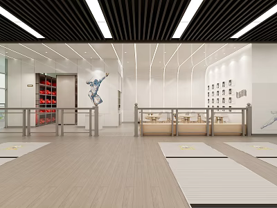 Modern Fitness Studio With Wooden Flooring White Workout Mats Railings Red Lockers And Wall Decor 3d model