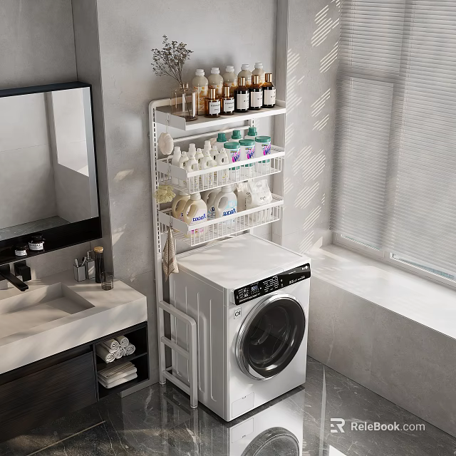 Multi Tiered Bathroom Cabinet Rack Organizing Toiletries Next to Washing Machine in Modern Bathroom 3d model 