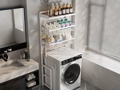 Multi Tiered Bathroom Cabinet Rack Organizing Toiletries Next to Washing Machine in Modern Bathroom 3d model