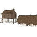 Various Angles Of Traditional Stilted Thatched House With Wooden Frames