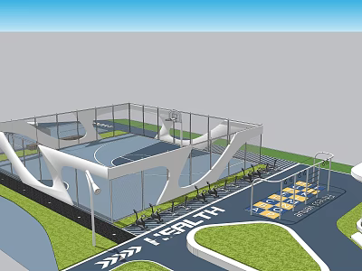 Park Landscape With Covered Basketball Court Lawn Seating Area And Pathways 3d model