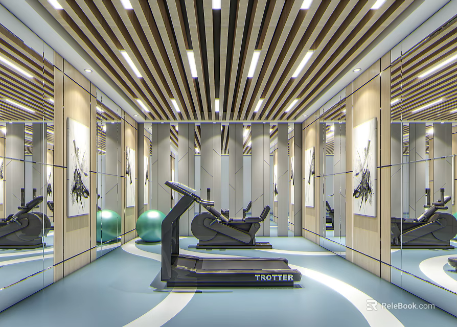 Modern Fitness Gym Interior With Trotter Treadmill Elliptical Machines Mirrored Walls And Wooden Ceiling 3d model 