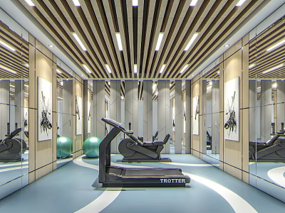Modern Fitness Gym Interior With Trotter Treadmill Elliptical Machines Mirrored Walls And Wooden Ceiling 3d model