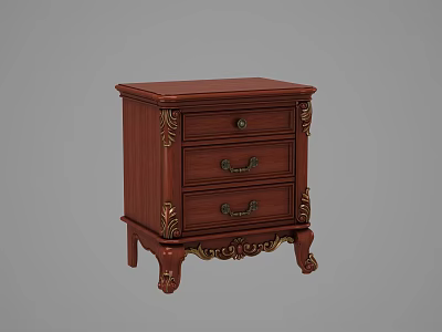 Classic Wooden Bedside Table With Three Drawers And Gold Carved Decorations 3d model