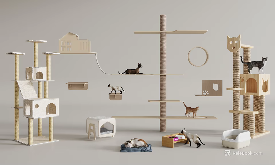 Wooden Multi Level Cat Furniture With Tree Bed Scratching Post And Play Areas 3d model 