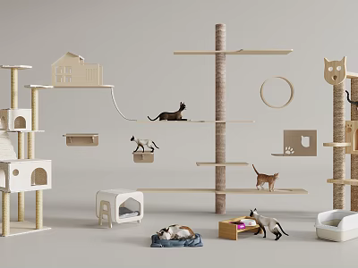 Wooden Multi Level Cat Furniture With Tree Bed Scratching Post And Play Areas 3d model