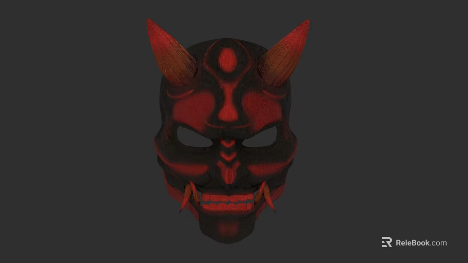 Artistic Red Black Horned Mask Sculpture With Intricate Carving Design 3d model 