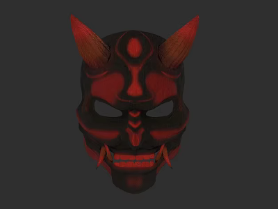 Artistic Red Black Horned Mask Sculpture With Intricate Carving Design 3d model