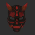 Artistic Red Black Horned Mask Sculpture With Intricate Carving Design