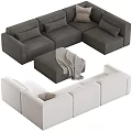 Modern Sectional Sofa in Gray and Beige with Pillows and Throw Blanket Design