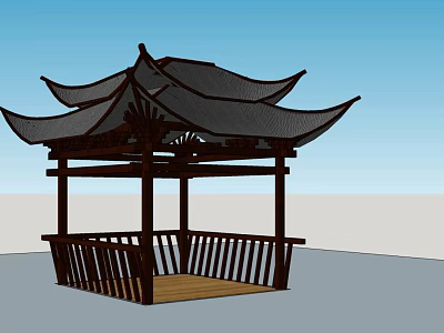Classic Traditional Chinese Wooden Pavilion With Black Tile Roof And Railings Structure 3d model