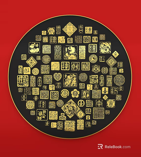 Traditional Chinese Circular Black Wall Decor With Intricate Gold Patterns On Red Background 3d model 