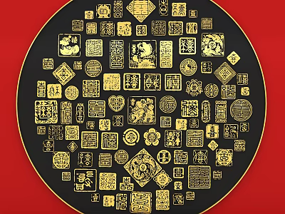 Traditional Chinese Circular Black Wall Decor With Intricate Gold Patterns On Red Background 3d model