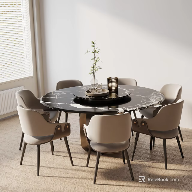 Modern Round Marble Dining Table Set with Light Grey Fabric Chairs in Minimalist Interior Design 3d model 