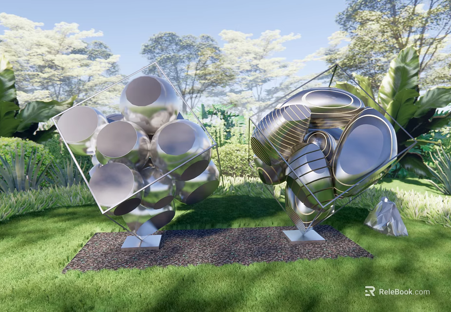 Stainless Steel Geometric Landscape Sculpture In Lawn Garden With Greenery And Trees 3d model 