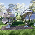 Stainless Steel Geometric Landscape Sculpture In Lawn Garden With Greenery And Trees