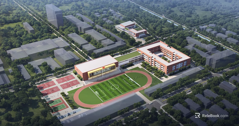 Aerial View Planning of School Campus With Football Field Track and Buildings 3d model 