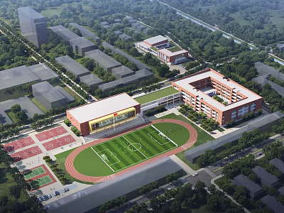 Aerial View Planning of School Campus With Football Field Track and Buildings 3d model