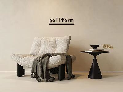 Light-colored Single-seater Sofa with Draped Blanket Next to Black Round Table in Beige Room 3d model