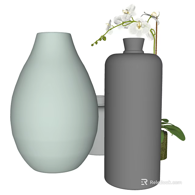 Light Green Teardrop Vase And Dark Gray Cylindrical Vase With White Orchid And Green Leaves 3d model 
