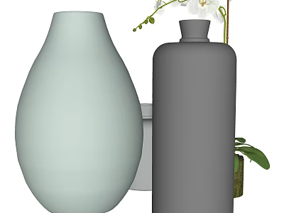Light Green Teardrop Vase And Dark Gray Cylindrical Vase With White Orchid And Green Leaves 3d model