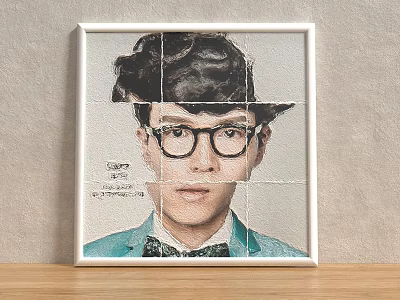 Decorative Photo Frame Featuring Puzzle Portrait On Wooden Table Against Gray Wall 3d model