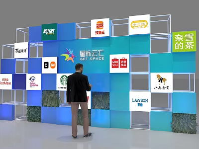 Interactive Zone With Various Brand Logos And Visitor In Front Of Blue Display Wall 3d model