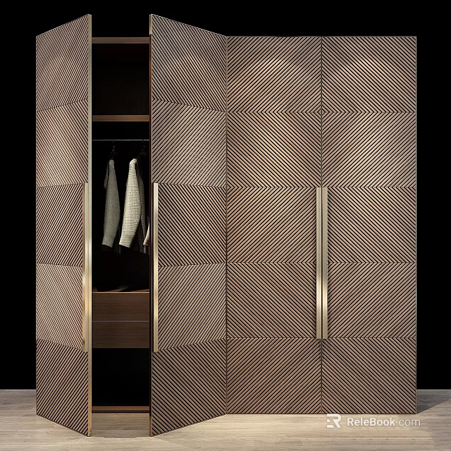 Modern Textured Wardrobe Featuring Open Door Golden Handles And Hanging Clothes Area 3d model 