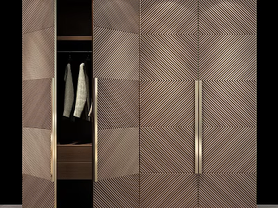 Modern Textured Wardrobe Featuring Open Door Golden Handles And Hanging Clothes Area 3d model