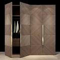 Modern Textured Wardrobe Featuring Open Door Golden Handles And Hanging Clothes Area